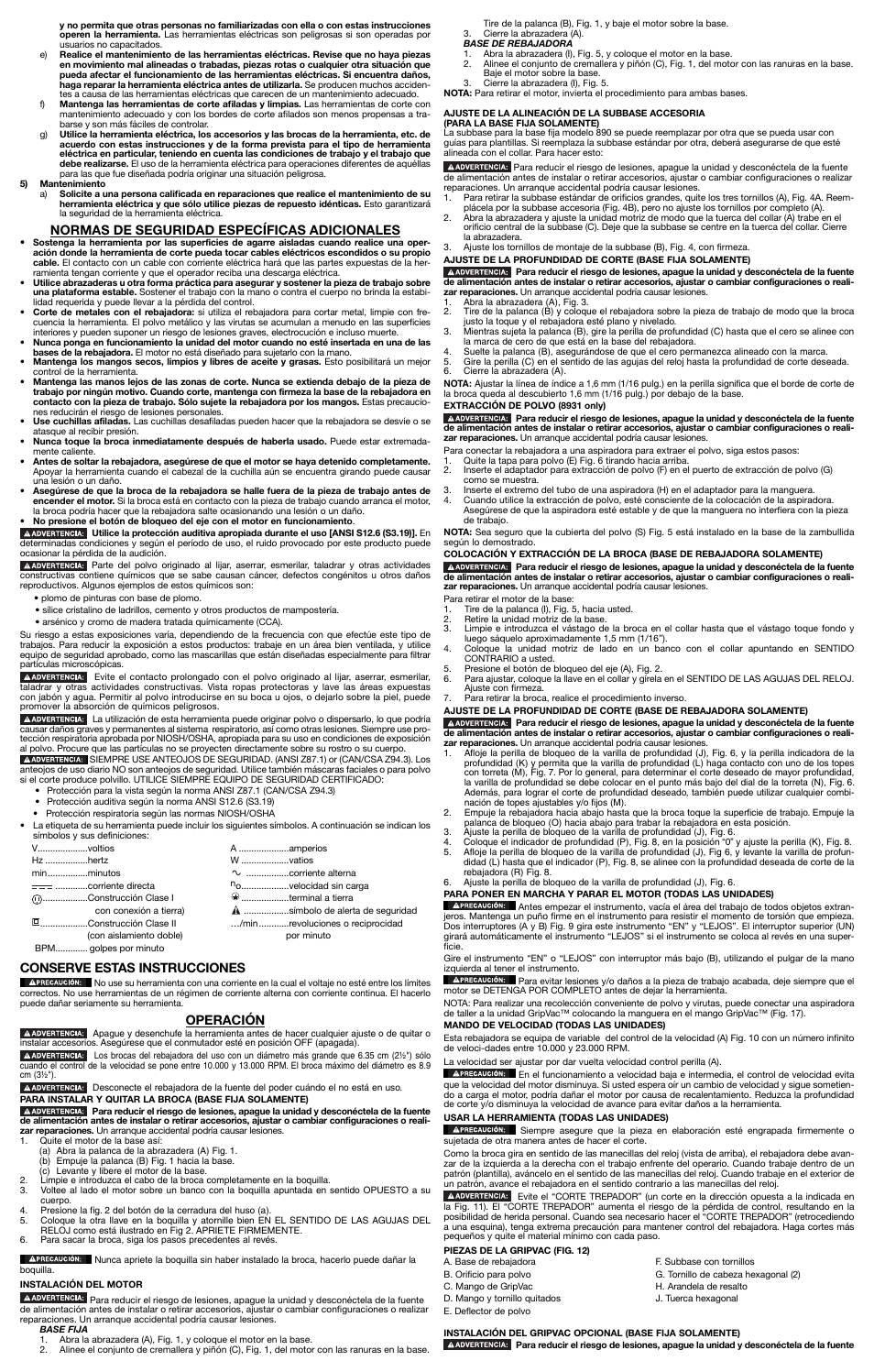 Normas de seguridad específicas adicionales, Conserve estas instrucciones, Operación | Porter-Cable 892 User Manual | Page 6 / 7