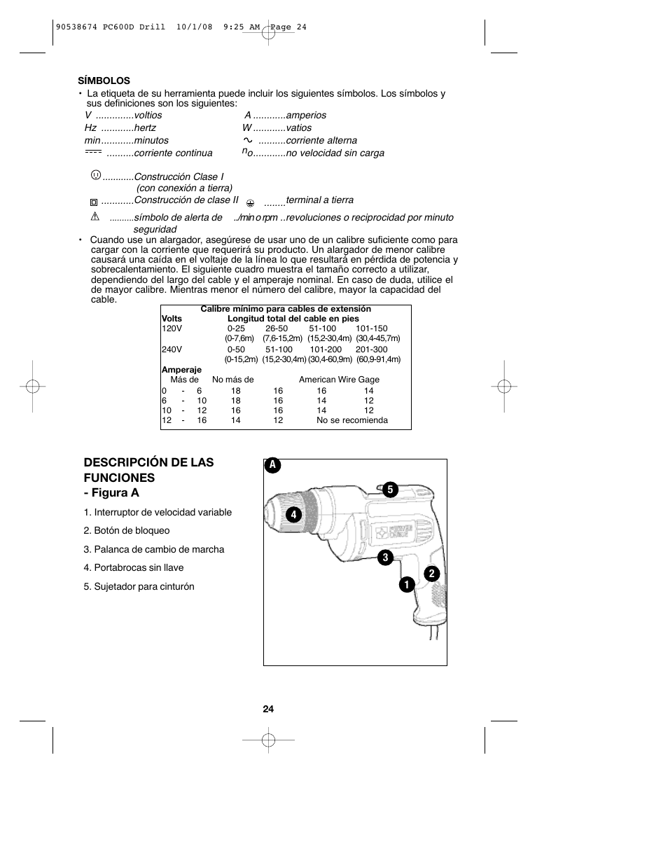 Descripción de las funciones - figura a | Porter-Cable PC600D User Manual | Page 24 / 32