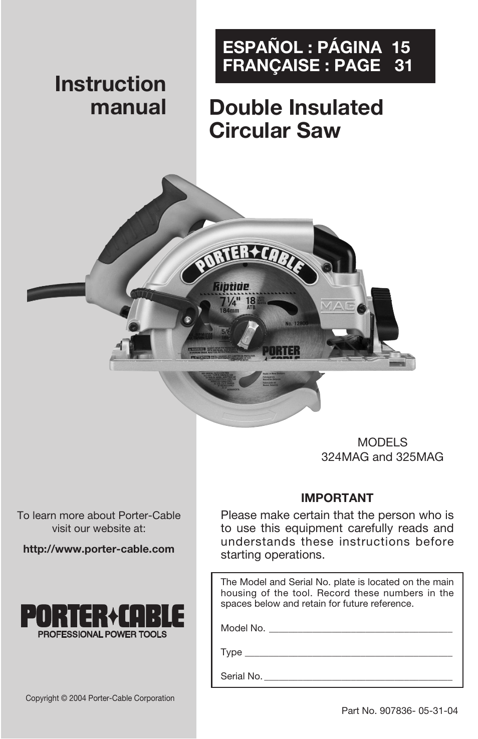 Porter-Cable 324MAG User Manual | 15 pages