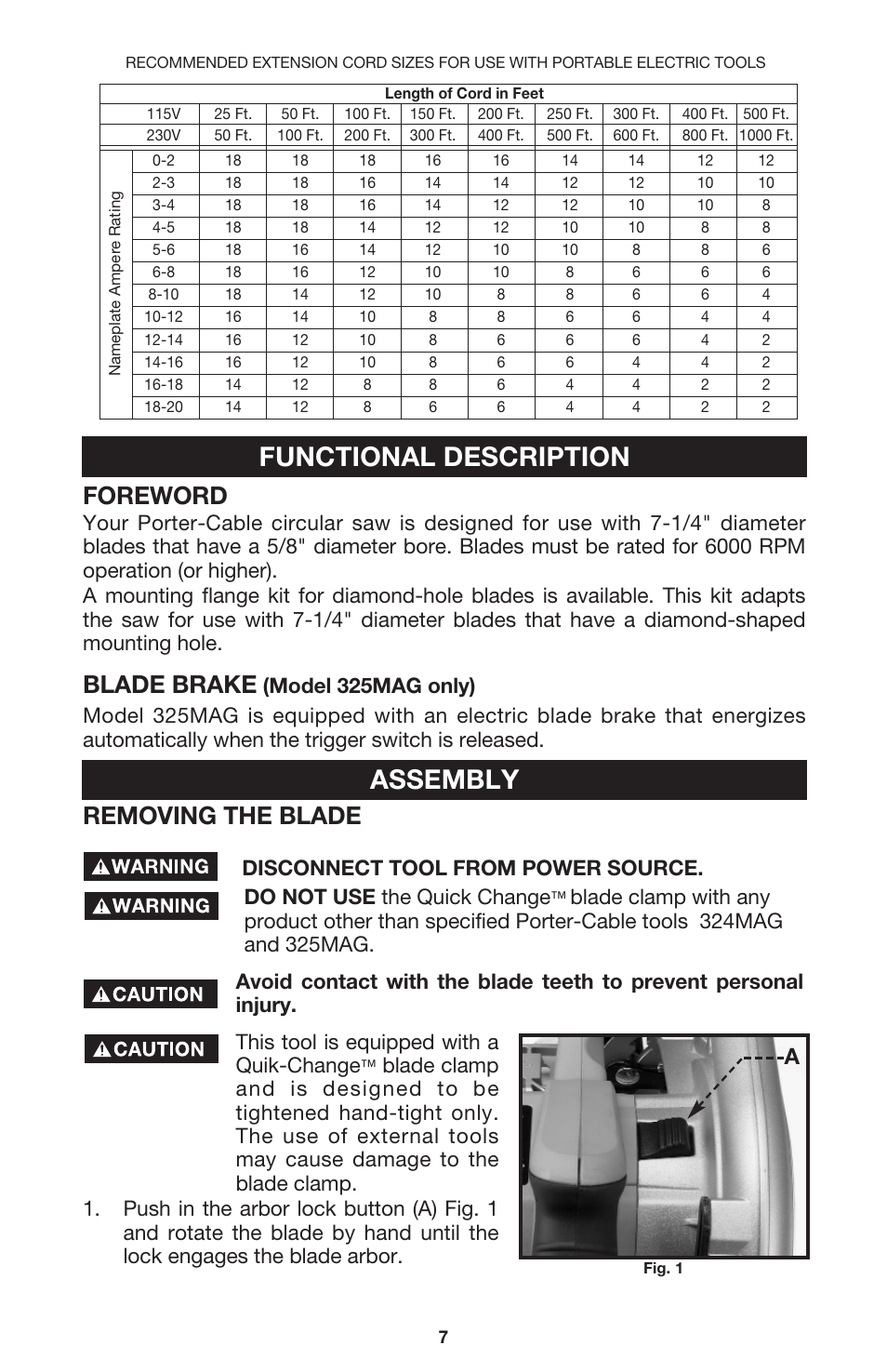 Functional description assembly, Foreword, Blade brake | Removing the blade, Do not use the quick change, Disconnect tool from power source | Porter-Cable 324MAG User Manual | Page 7 / 15
