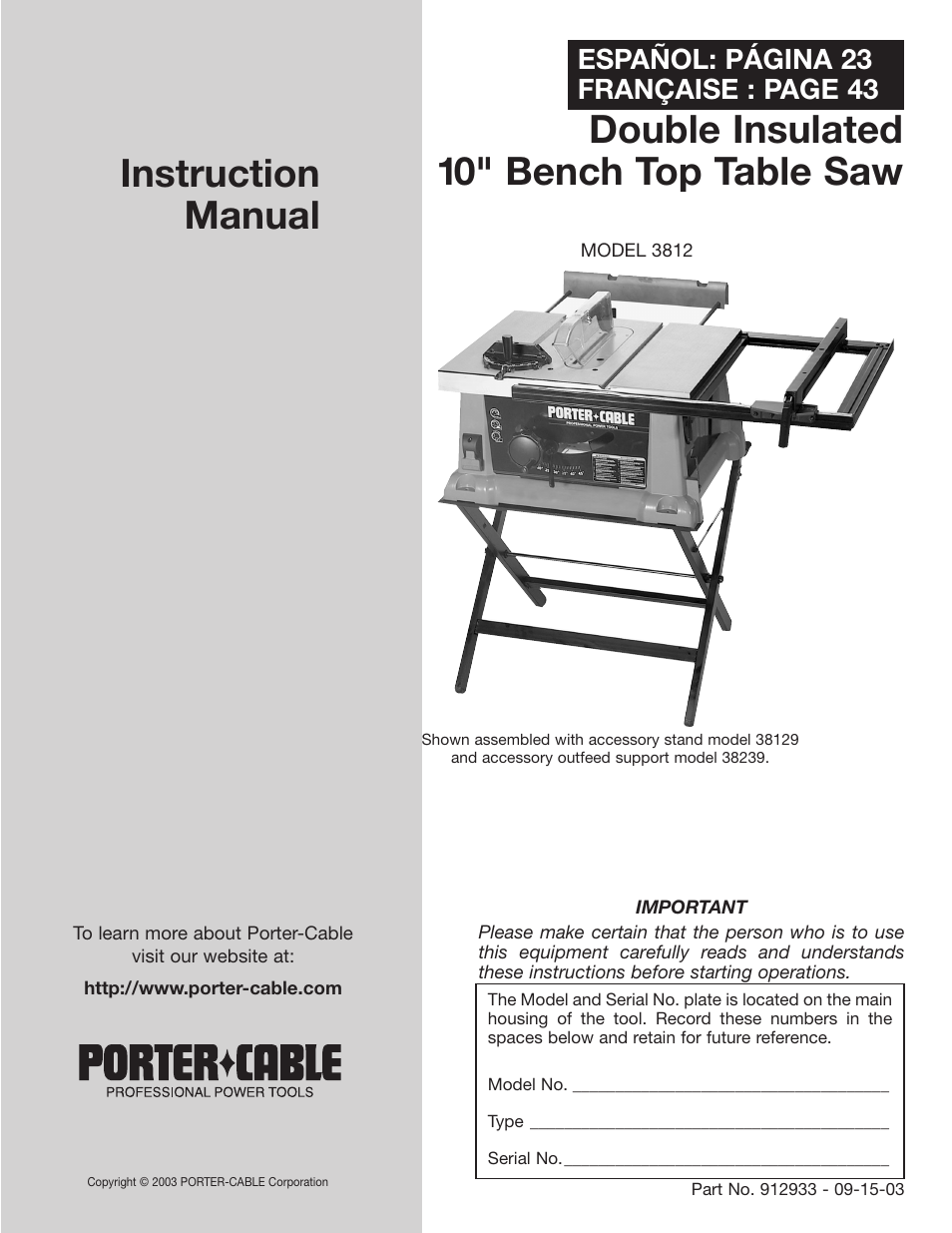 Porter-Cable Double Insulated 10" Bench Top Table Saw 38239 User Manual | 23 pages