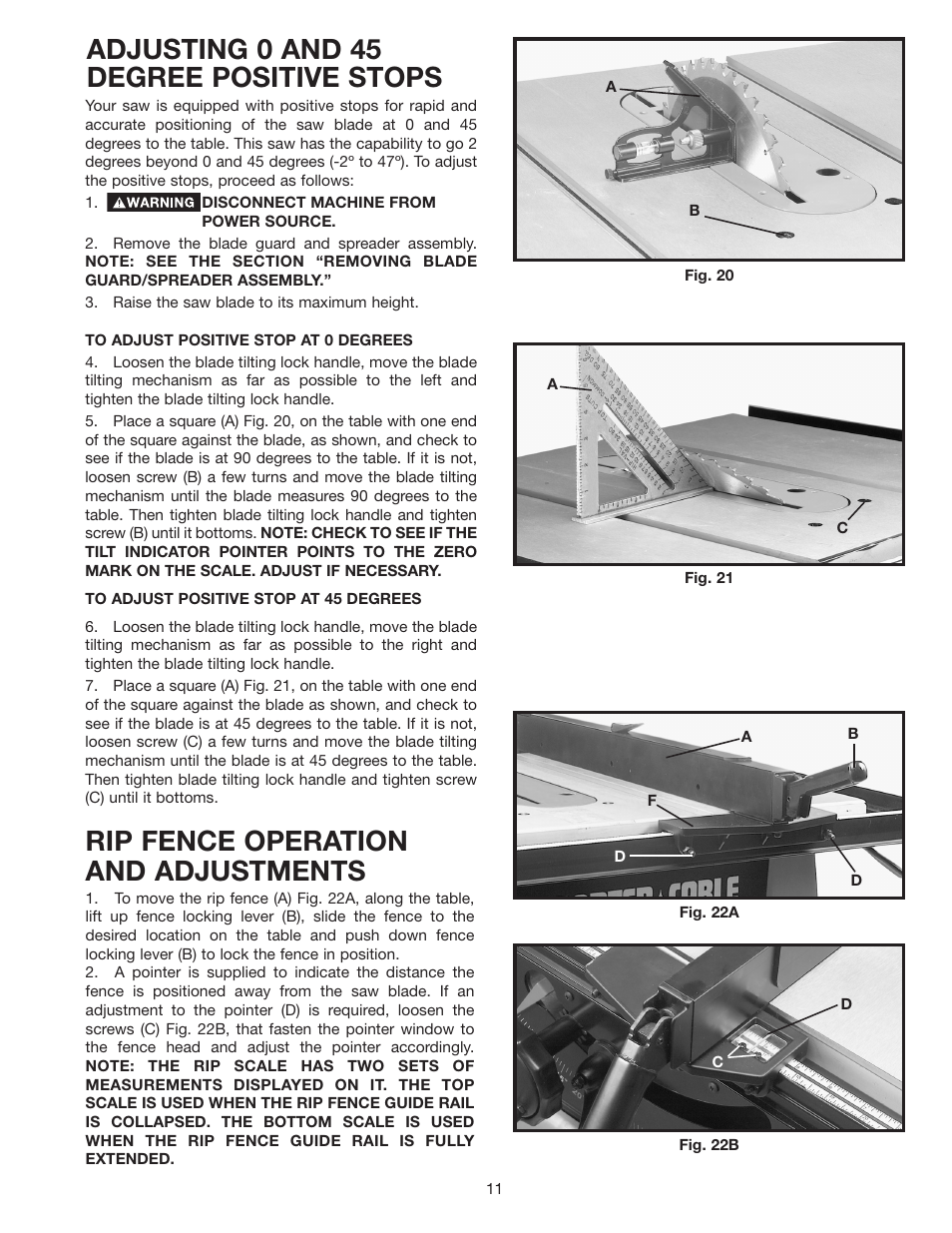 Adjusting 0 and 45 degree positive stops, Rip fence operation and adjustments | Porter-Cable Double Insulated 10" Bench Top Table Saw 38239 User Manual | Page 11 / 23