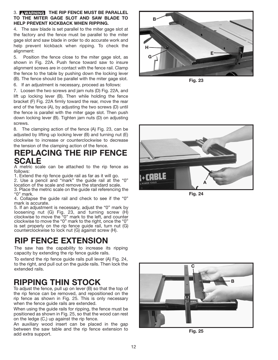 Ripping thin stock, Rip fence extension, Replacing the rip fence scale | Porter-Cable Double Insulated 10" Bench Top Table Saw 38239 User Manual | Page 12 / 23