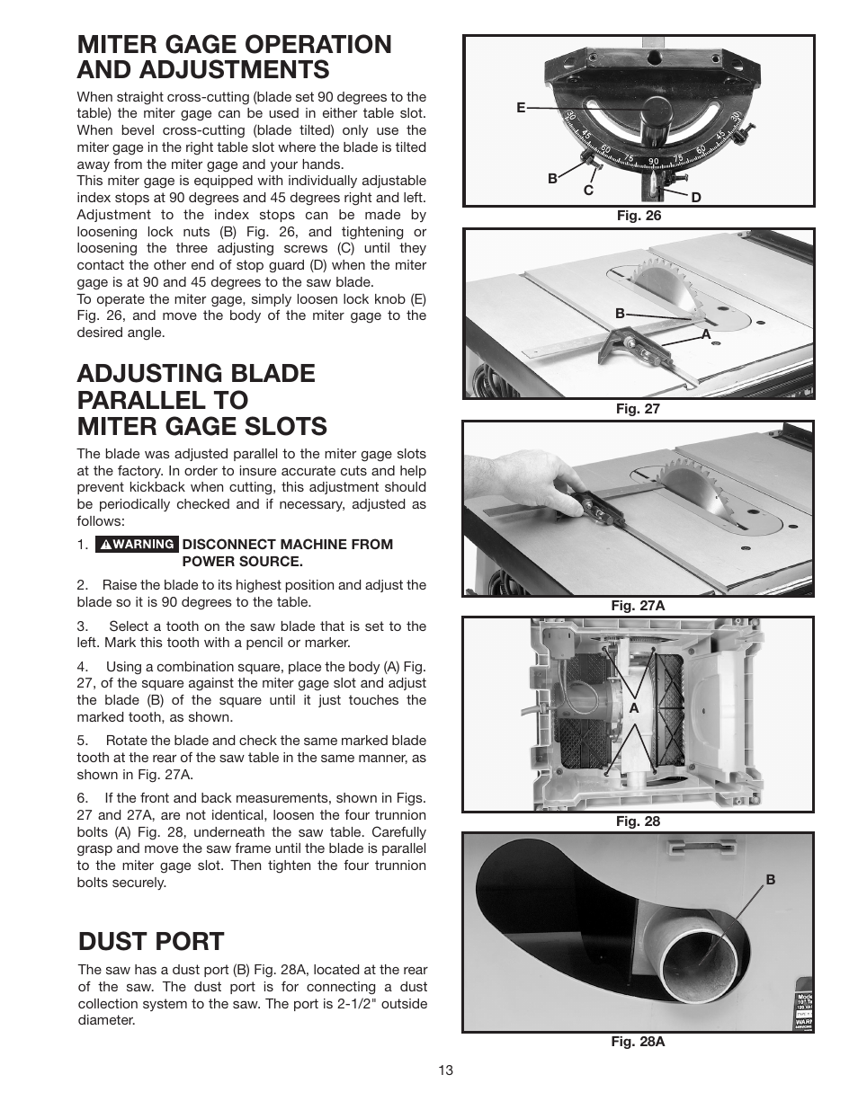 Miter gage operation and adjustments, Adjusting blade parallel to miter gage slots, Dust port | Porter-Cable Double Insulated 10" Bench Top Table Saw 38239 User Manual | Page 13 / 23