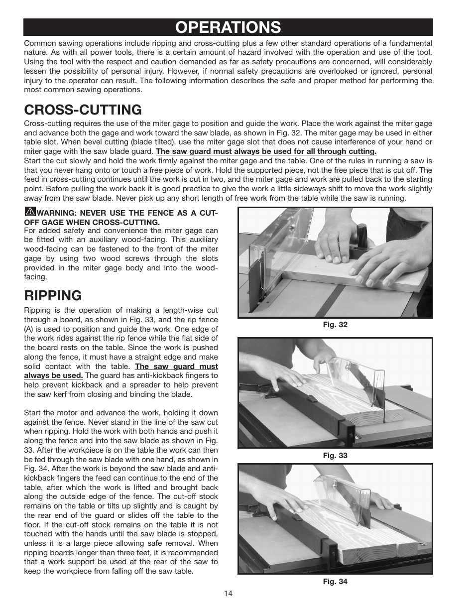 Operations, Ripping, Cross-cutting | Porter-Cable Double Insulated 10" Bench Top Table Saw 38239 User Manual | Page 14 / 23