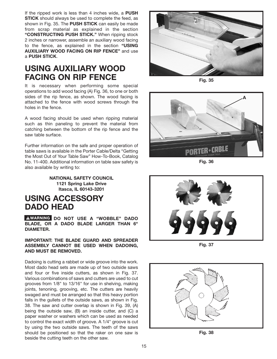 Using auxiliary wood facing on rip fence, Using accessory dado head | Porter-Cable Double Insulated 10" Bench Top Table Saw 38239 User Manual | Page 15 / 23