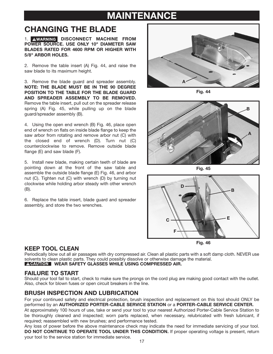 Maintenance, Changing the blade | Porter-Cable Double Insulated 10" Bench Top Table Saw 38239 User Manual | Page 17 / 23