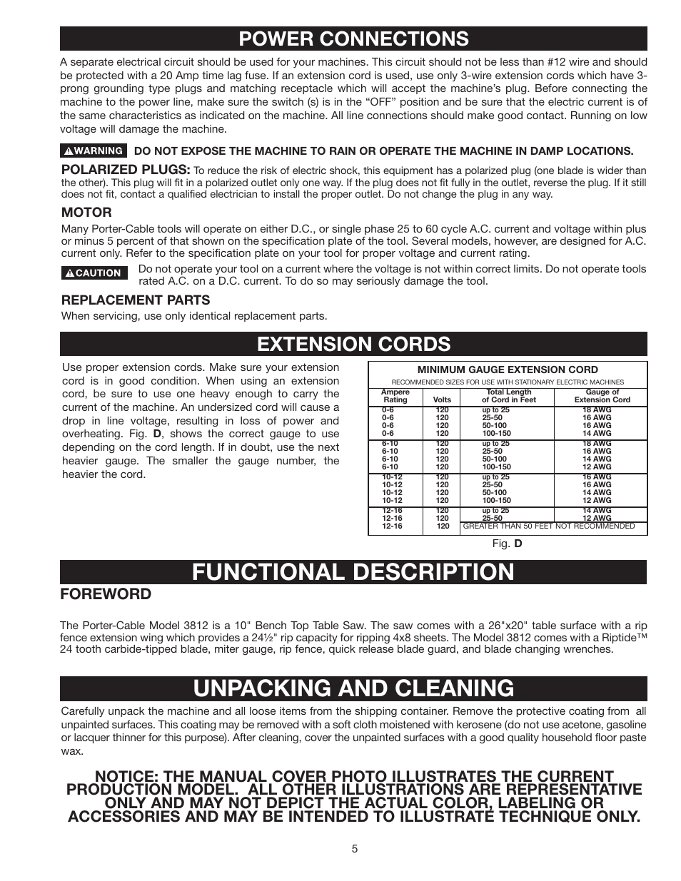 Functional description unpacking and cleaning, Power connections extension cords, Foreword | Polarized plugs, Motor, Replacement parts | Porter-Cable Double Insulated 10" Bench Top Table Saw 38239 User Manual | Page 5 / 23