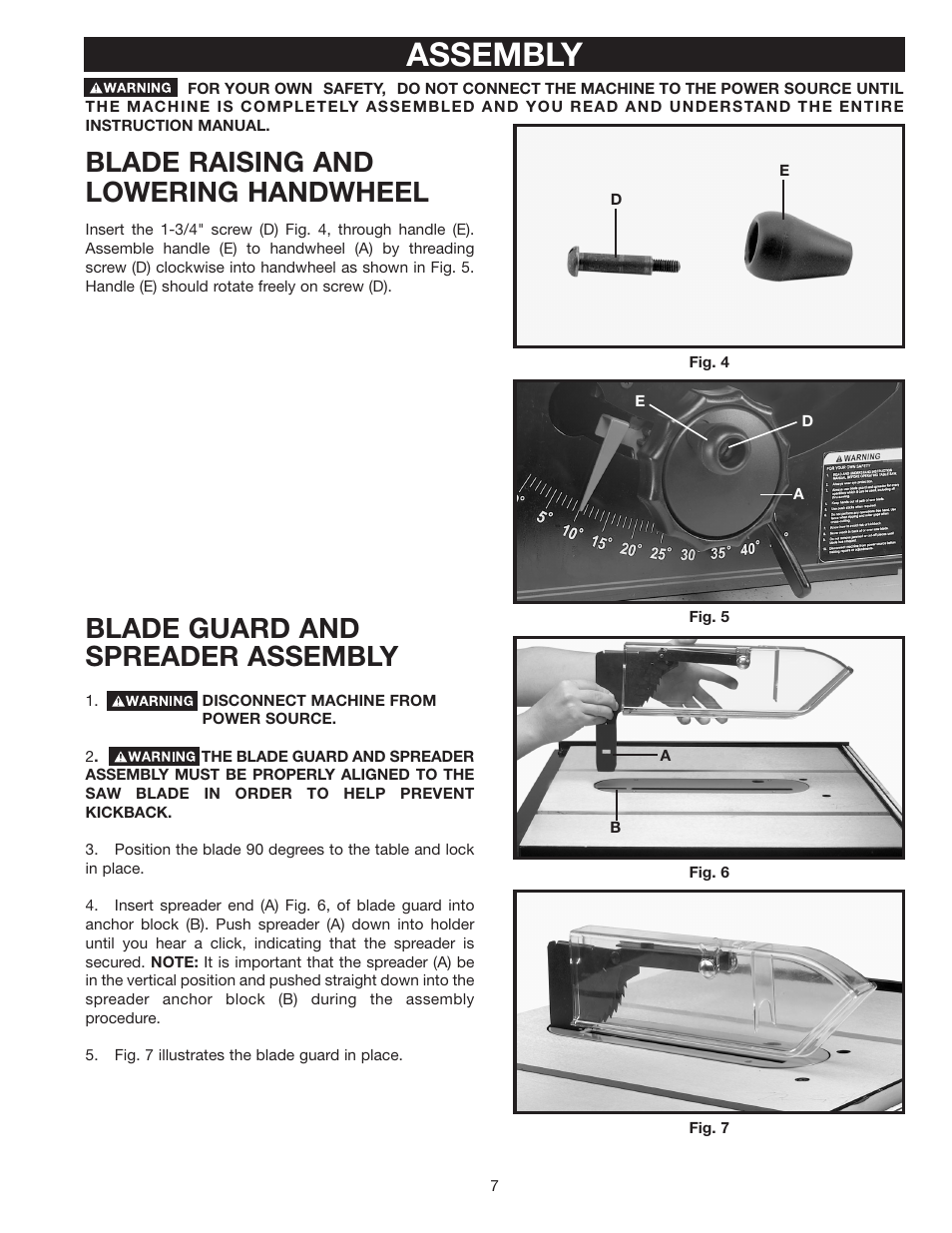 Assembly, Blade raising and lowering handwheel, Blade guard and spreader assembly | Porter-Cable Double Insulated 10" Bench Top Table Saw 38239 User Manual | Page 7 / 23