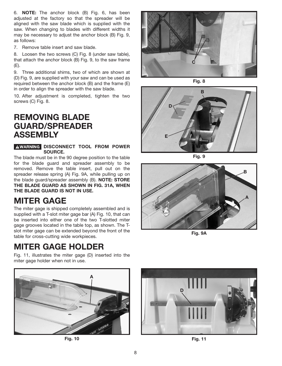 Removing blade guard/spreader assembly, Miter gage, Miter gage holder | Porter-Cable Double Insulated 10" Bench Top Table Saw 38239 User Manual | Page 8 / 23