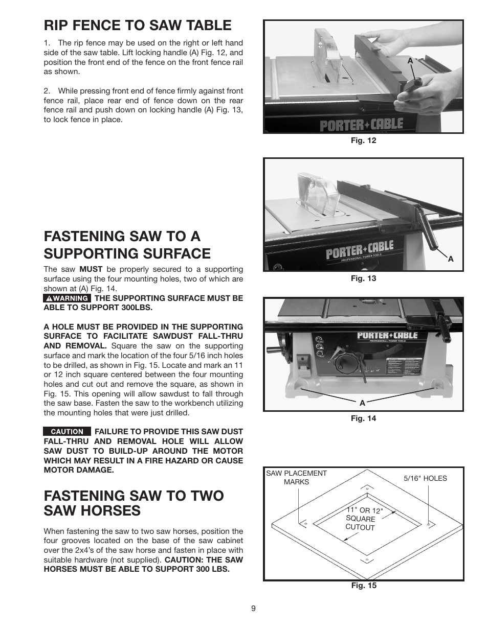 Rip fence to saw table, Fastening saw to a supporting surface, Fastening saw to two saw horses | Porter-Cable Double Insulated 10" Bench Top Table Saw 38239 User Manual | Page 9 / 23