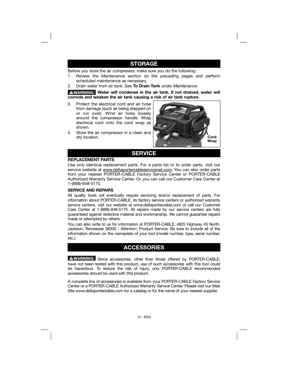 Storage, Service, Accessories | Porter-Cable N078948 User Manual | Page 15 / 64