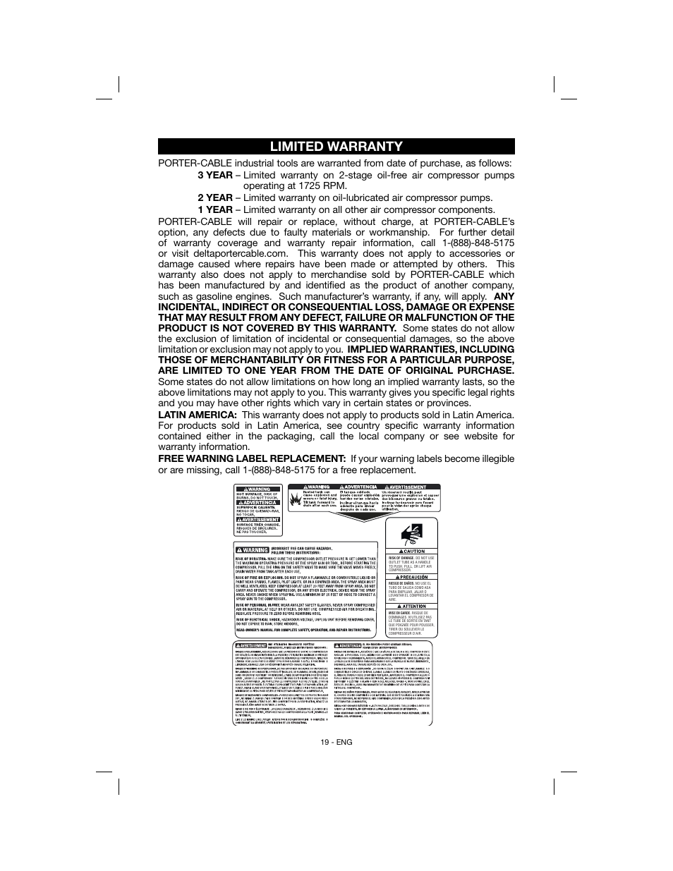 Limited warranty | Porter-Cable N078948 User Manual | Page 19 / 64