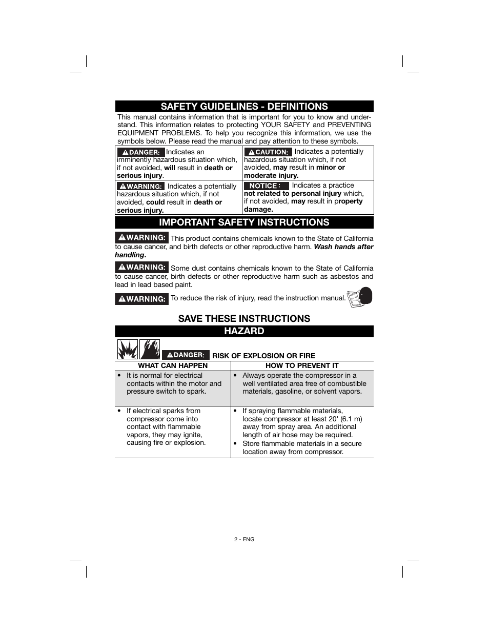 Safety guidelines - definitions, Important safety instructions, Save these instructions hazard | Porter-Cable N078948 User Manual | Page 2 / 64