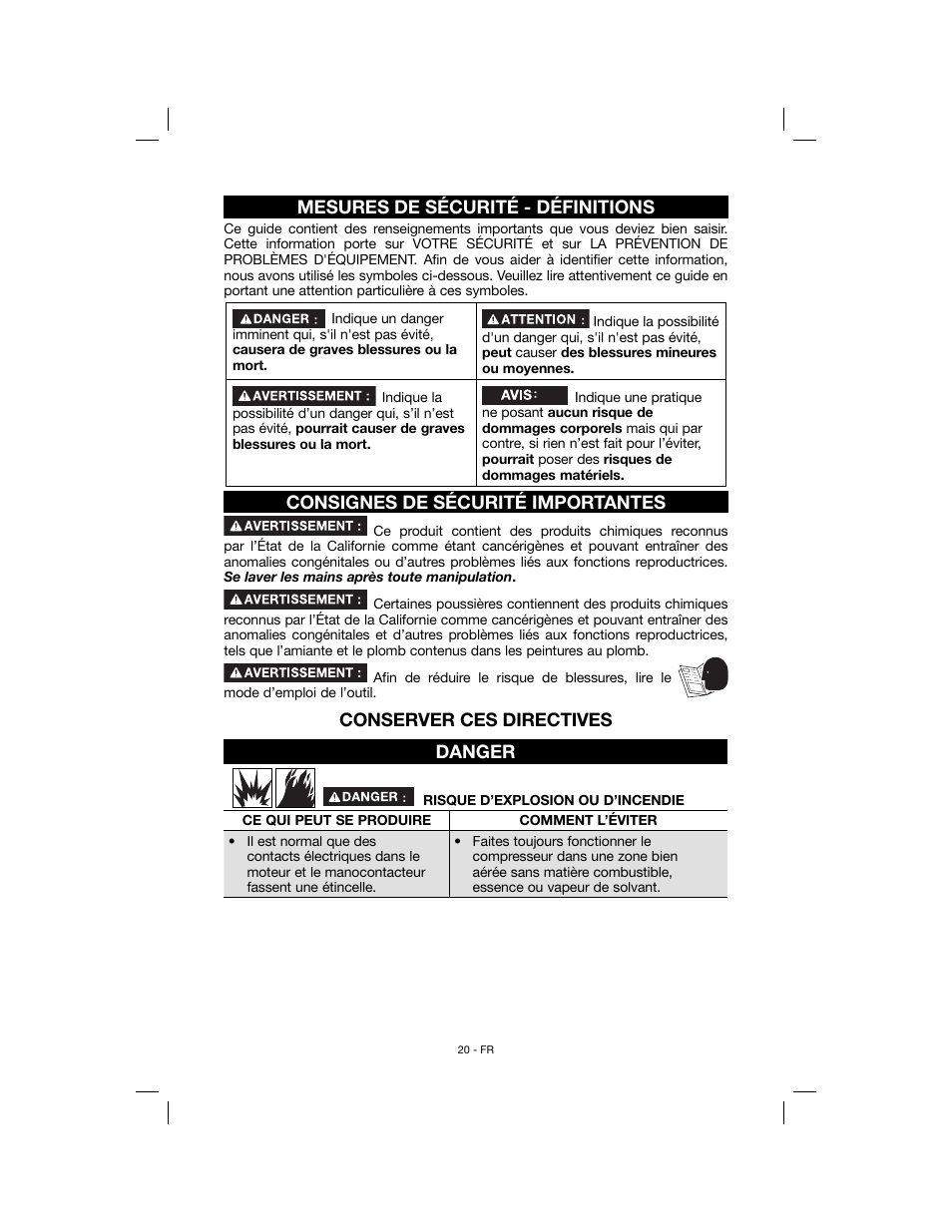Mesures de sécurité - définitions, Consignes de sécurité importantes, Conserver ces directives danger | Porter-Cable N078948 User Manual | Page 20 / 64