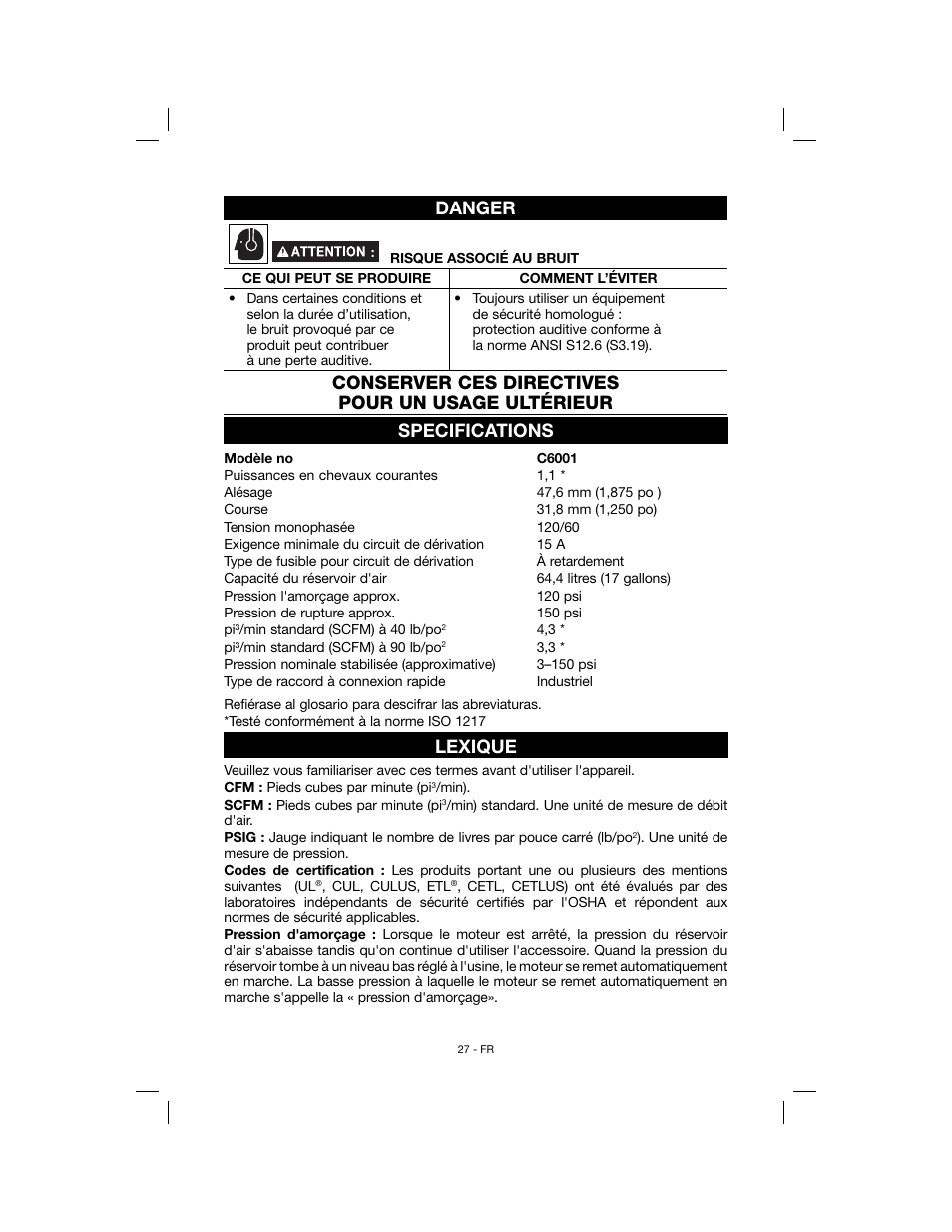 Danger, Lexique | Porter-Cable N078948 User Manual | Page 27 / 64