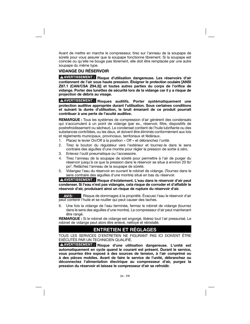 Entretien et réglages | Porter-Cable N078948 User Manual | Page 34 / 64