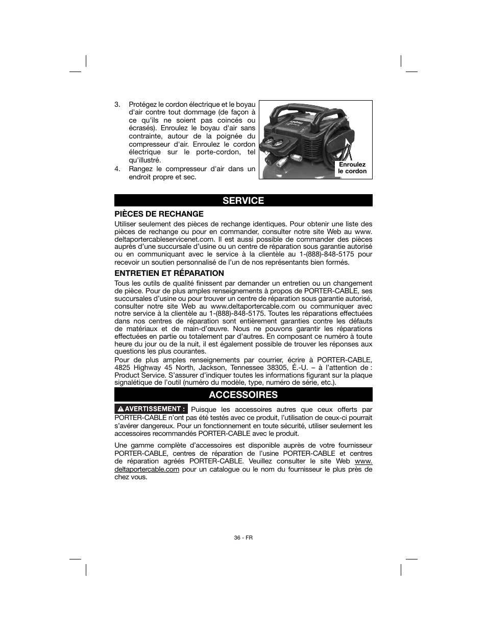 Service, Accessoires | Porter-Cable N078948 User Manual | Page 36 / 64