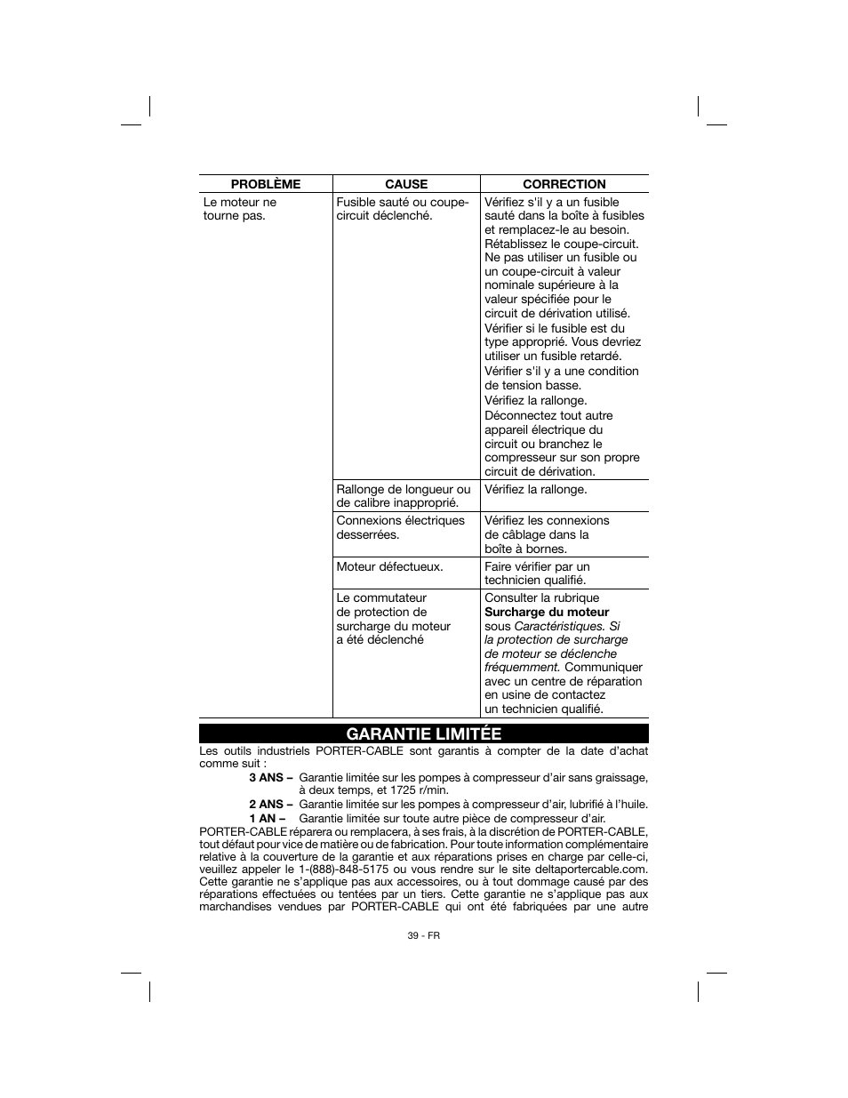 Garantie limitée | Porter-Cable N078948 User Manual | Page 39 / 64