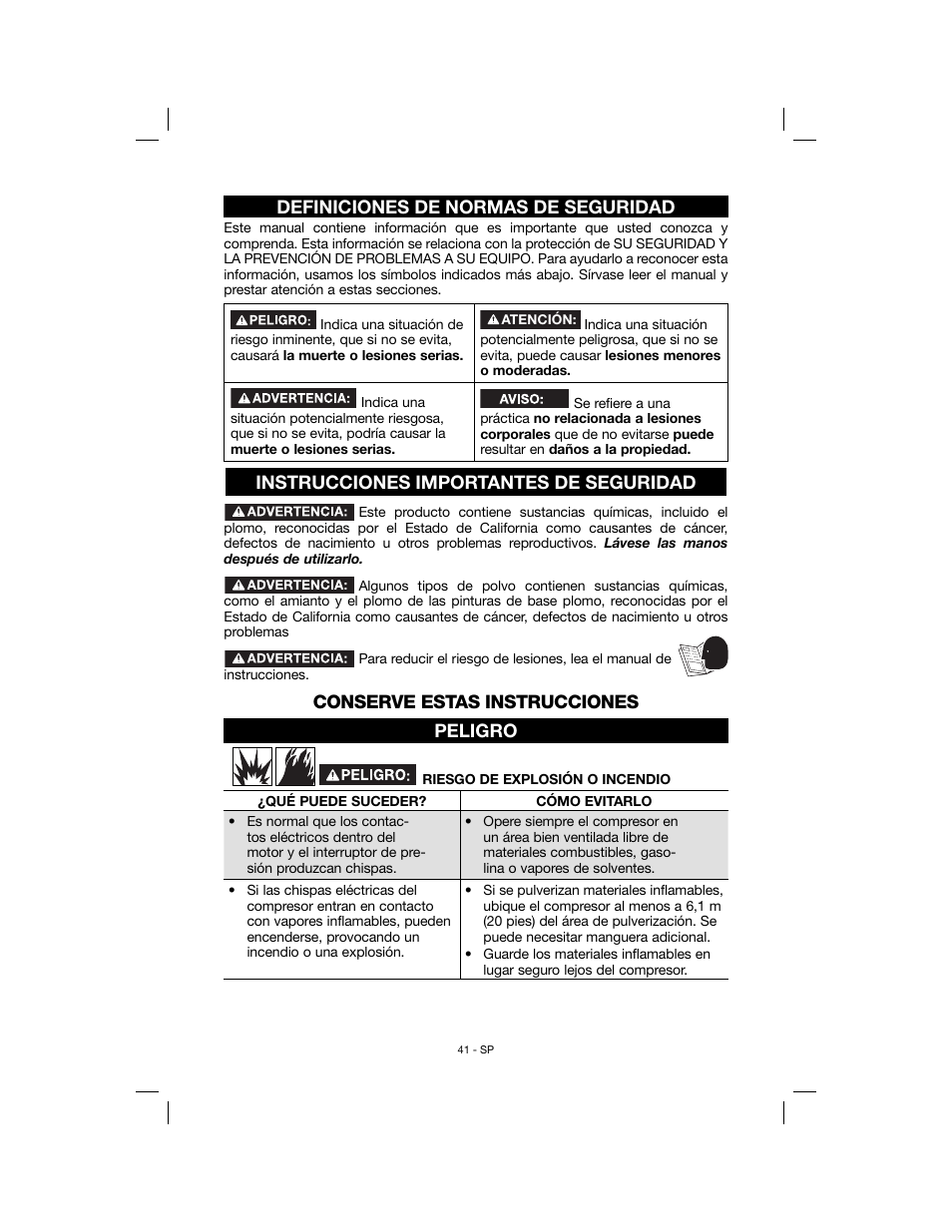 Definiciones de normas de seguridad, Instrucciones importantes de seguridad, Conserve estas instrucciones peligro | Porter-Cable N078948 User Manual | Page 41 / 64