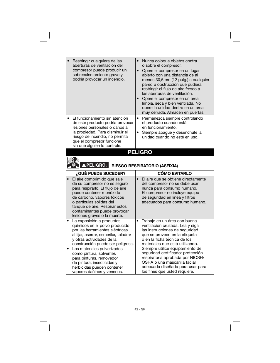 Peligro | Porter-Cable N078948 User Manual | Page 42 / 64