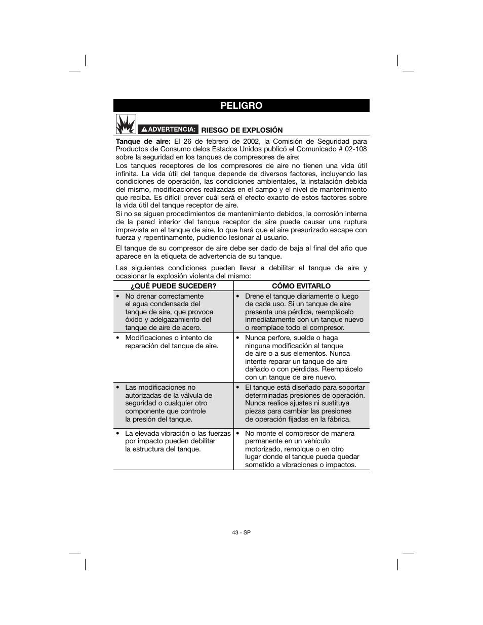 Peligro | Porter-Cable N078948 User Manual | Page 43 / 64