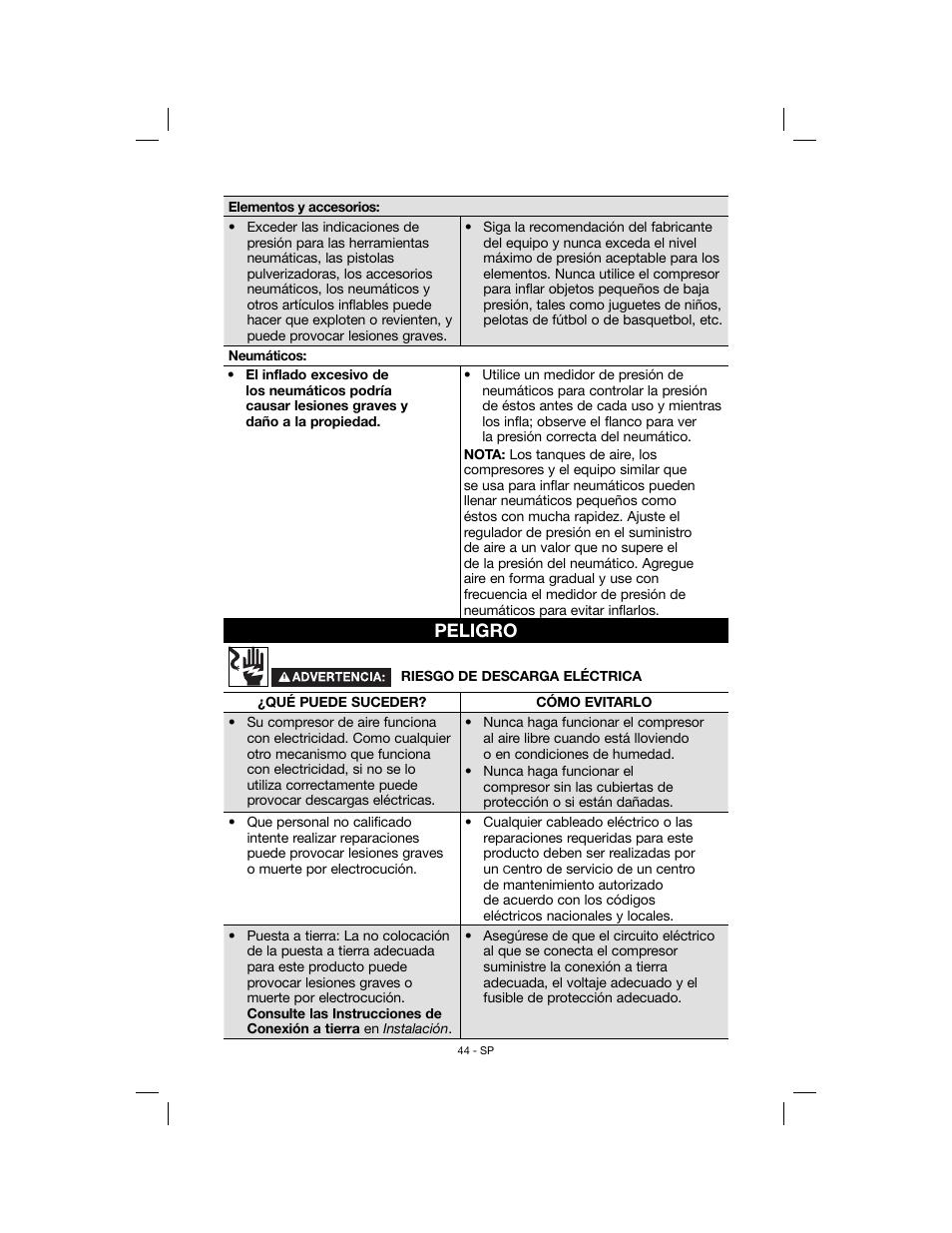 Peligro | Porter-Cable N078948 User Manual | Page 44 / 64