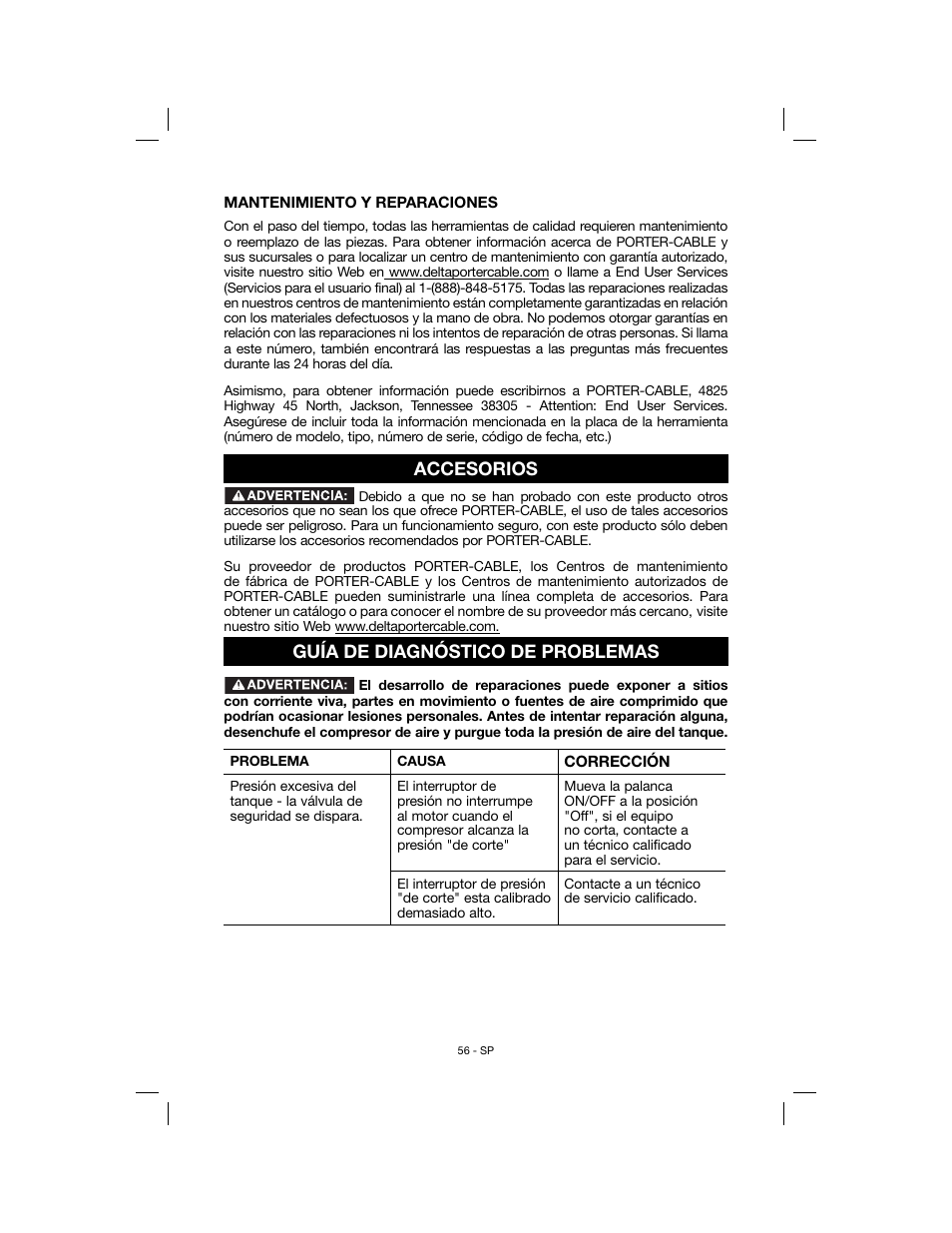 Accesorios, Guía de diagnóstico de problemas | Porter-Cable N078948 User Manual | Page 56 / 64