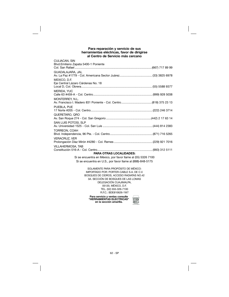 Porter-Cable N078948 User Manual | Page 62 / 64