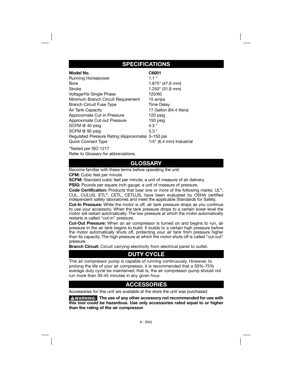 Specifications, Glossary, Duty cycle | Accessories | Porter-Cable N078948 User Manual | Page 8 / 64