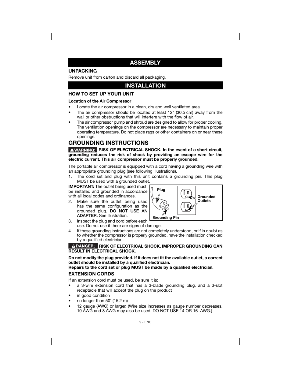 Assembly, Installation, Grounding instructions | Porter-Cable N078948 User Manual | Page 9 / 64