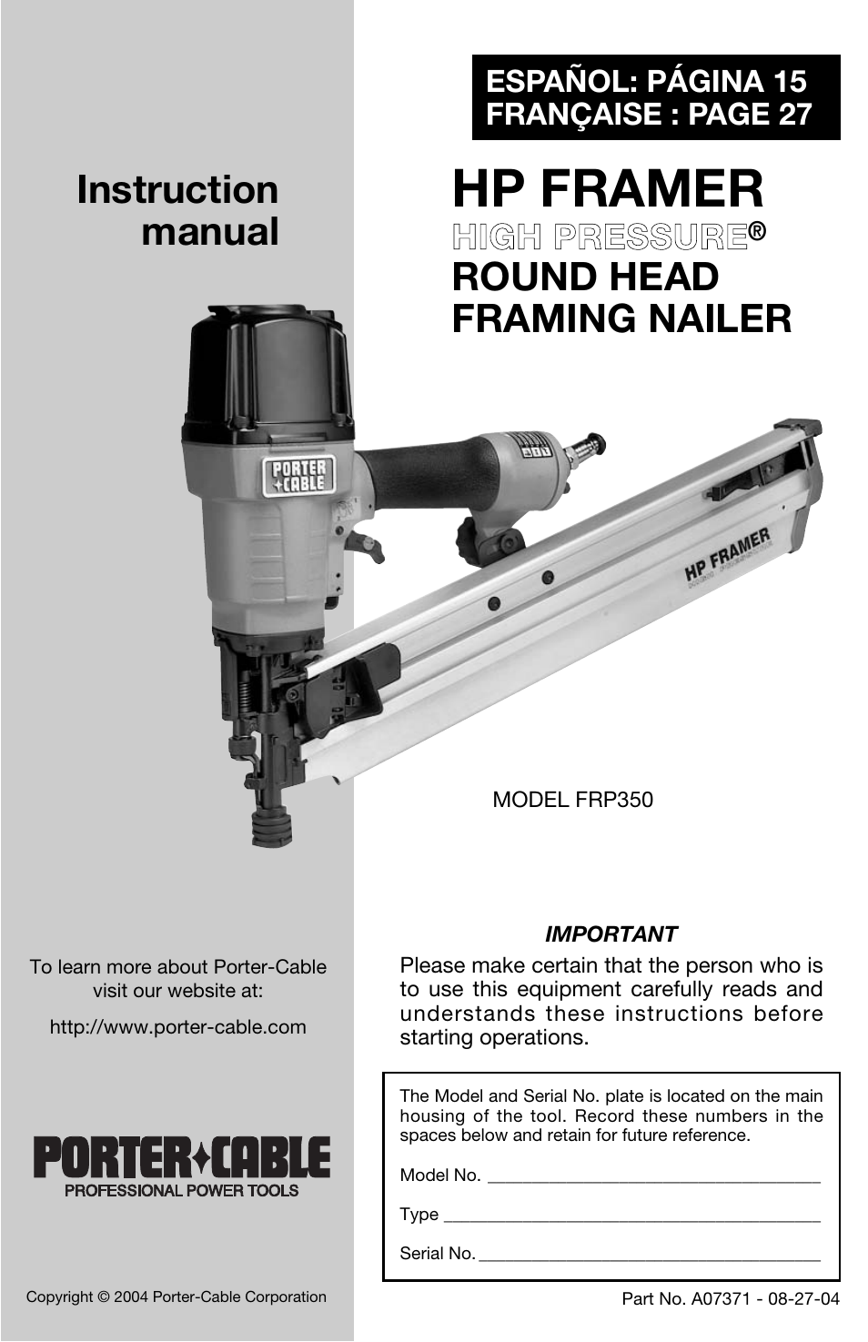 Porter-Cable FRP350 User Manual | 15 pages