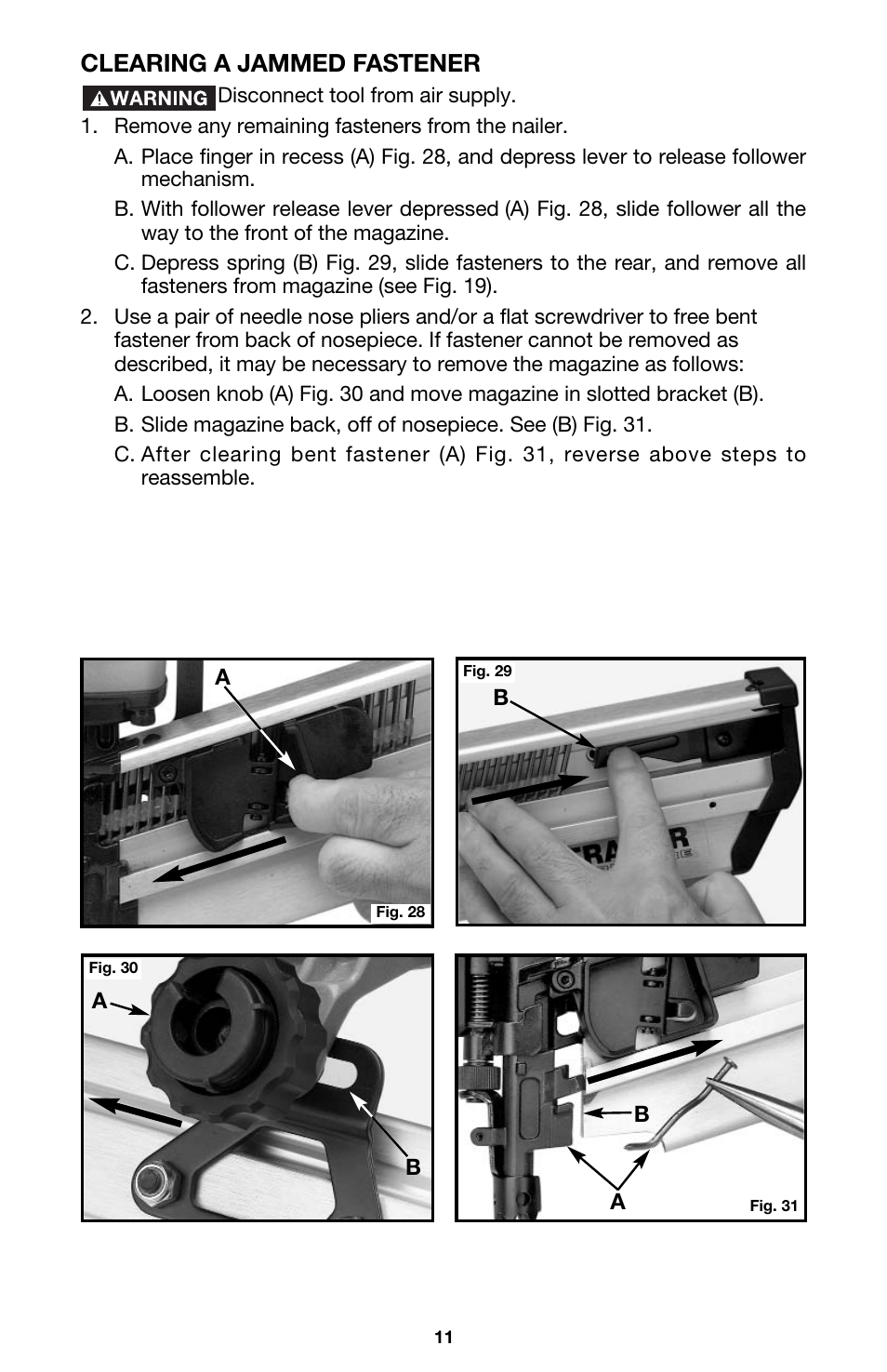 Clearing a jammed fastener | Porter-Cable FRP350 User Manual | Page 11 / 15