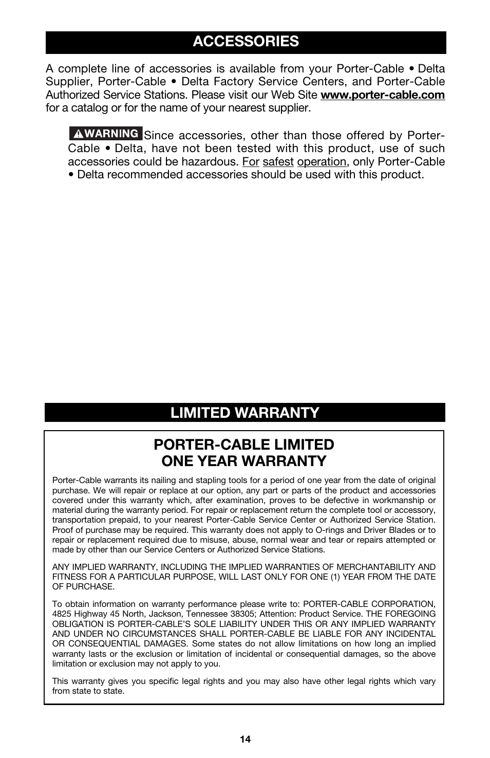 Porter-cable limited one year warranty, Accessories limited warranty | Porter-Cable FRP350 User Manual | Page 14 / 15