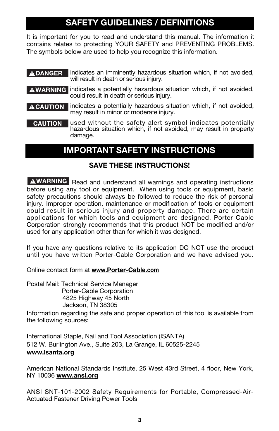 Safety guidelines / definitions, Important safety instructions | Porter-Cable FRP350 User Manual | Page 3 / 15