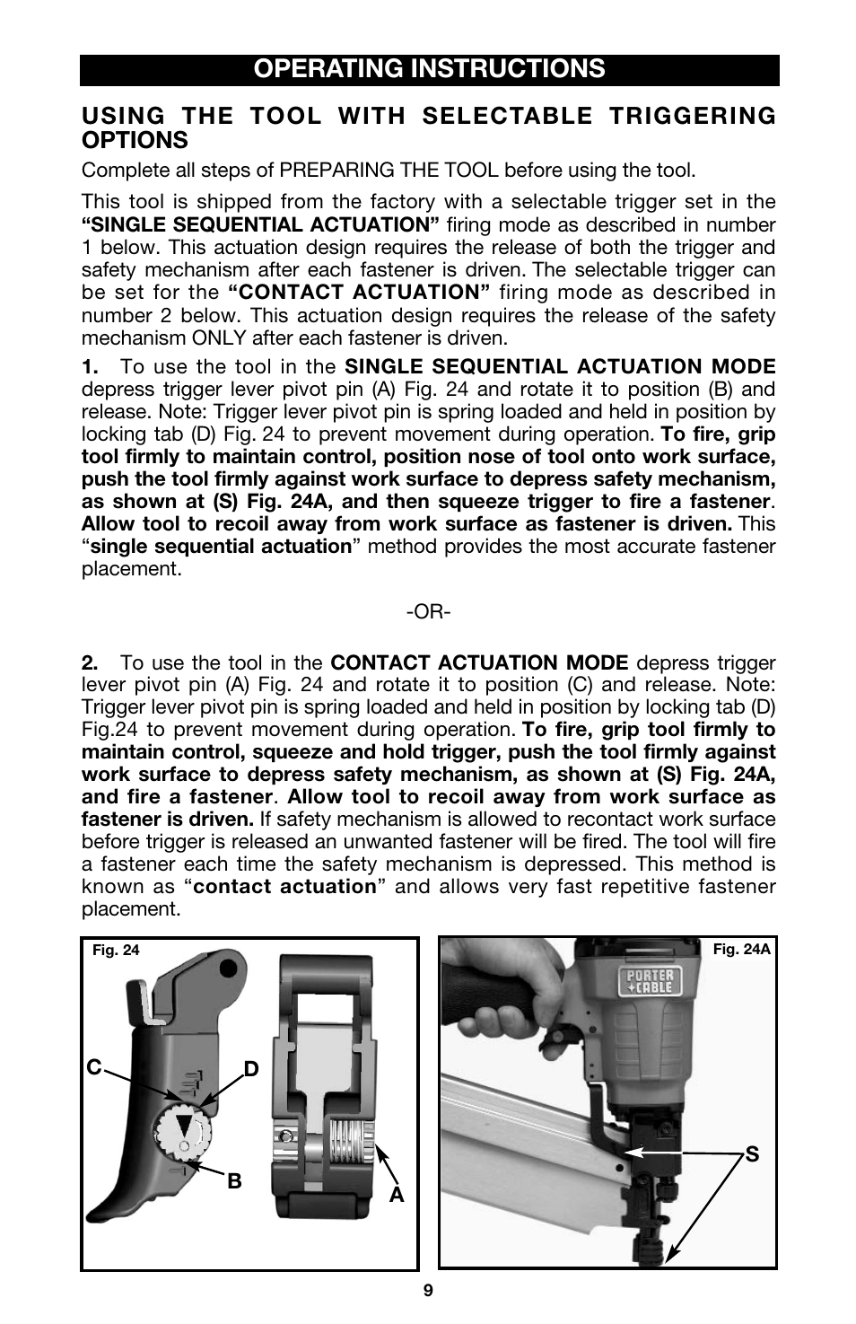 Operating instructions, Using the tool with selectable triggering options | Porter-Cable FRP350 User Manual | Page 9 / 15