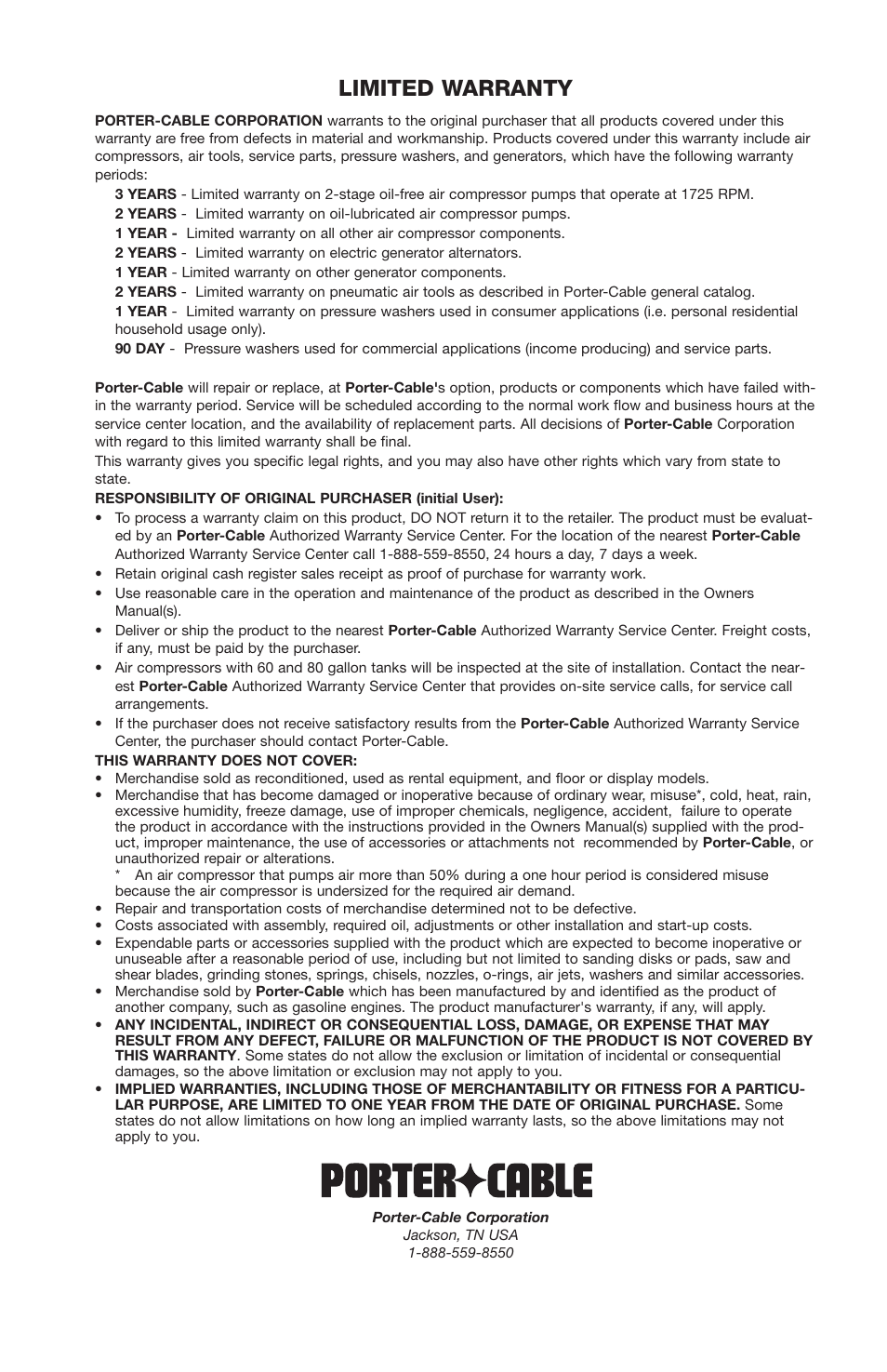 Limited warranty | Porter-Cable PC2525SP User Manual | Page 22 / 22