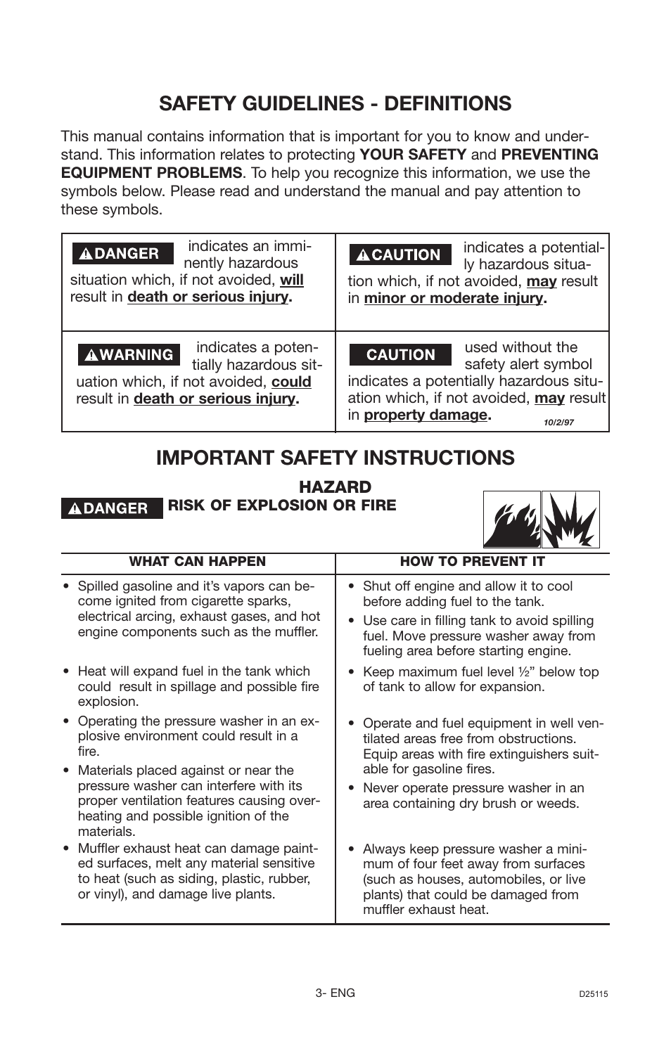 Safety guidelines - definitions, Important safety instructions, Hazard | Porter-Cable PC2525SP User Manual | Page 3 / 22