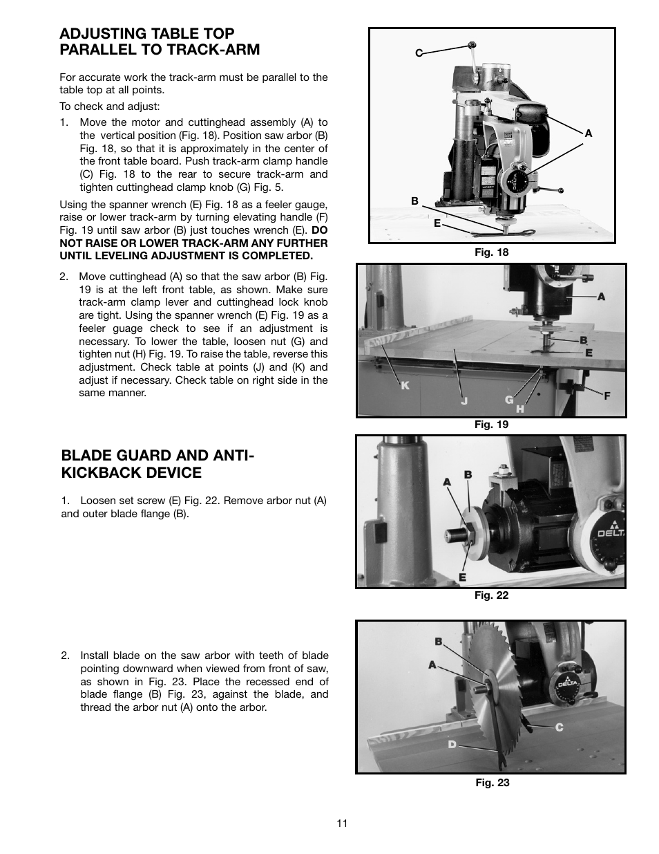 Adjusting table top parallel to track-arm, Blade guard and anti- kickback device | Porter-Cable 33-402 User Manual | Page 11 / 28