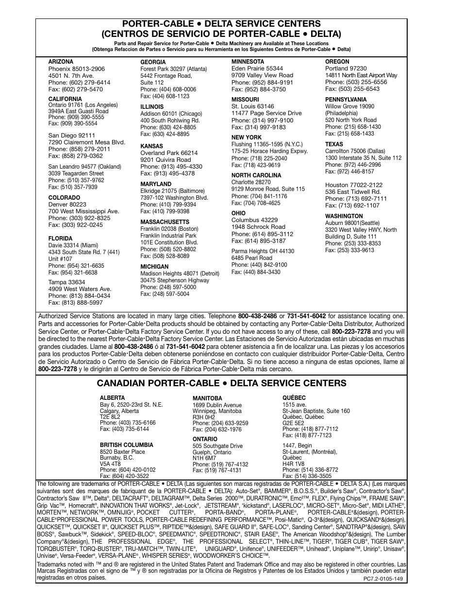 Porter-cable, Delta), Canadian porter-cable | Delta service centers | Porter-Cable 33-402 User Manual | Page 28 / 28