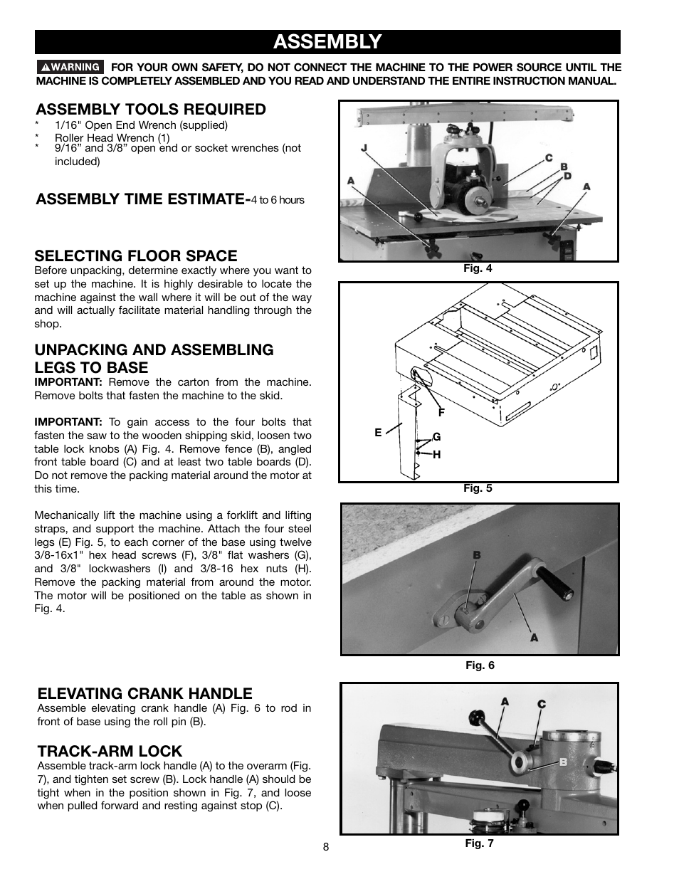 Assembly, Elevating crank handle, Track-arm lock | Selecting floor space, Unpacking and assembling legs to base, Assembly tools required assembly time estimate | Porter-Cable 33-402 User Manual | Page 8 / 28