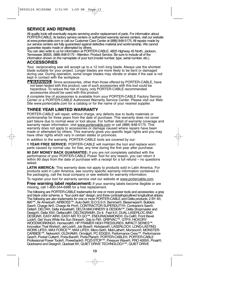 Porter-Cable PCL180RS User Manual | Page 13 / 44
