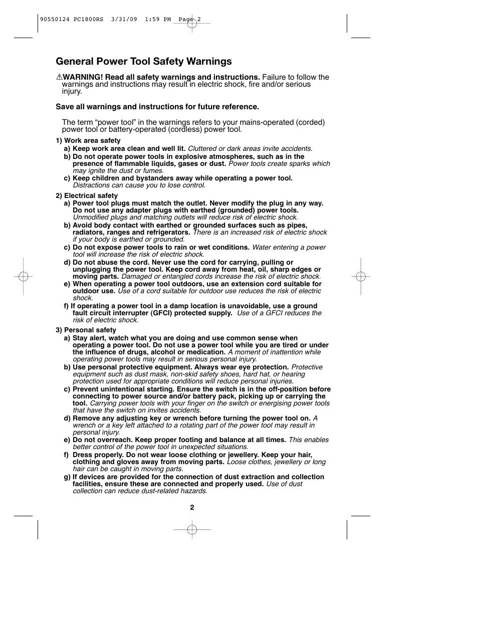 General power tool safety warnings | Porter-Cable PCL180RS User Manual | Page 2 / 44