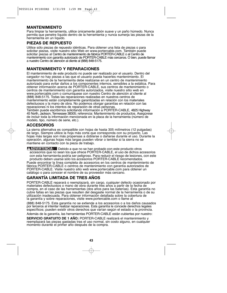 Porter-Cable PCL180RS User Manual | Page 43 / 44