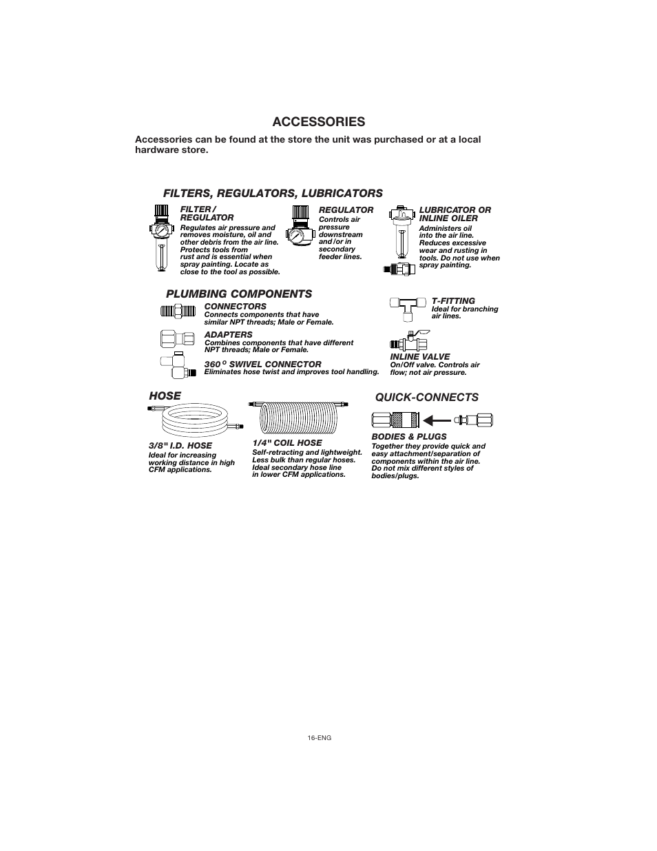 Accessories, Plumbing components, Quick-connects | Hose, Filters, regulators, lubricators | Porter-Cable CPF23400P User Manual | Page 16 / 18