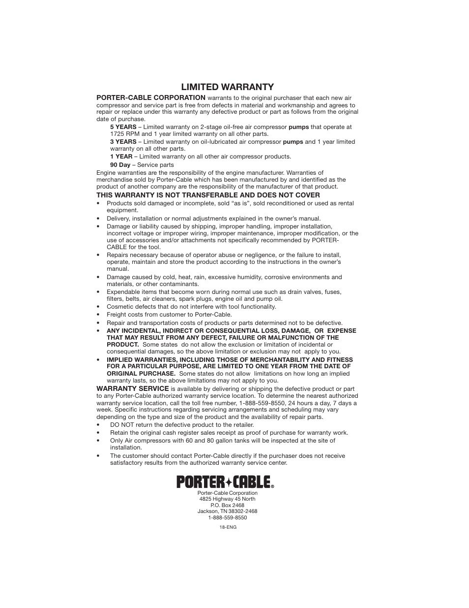 Limited warranty | Porter-Cable CPF23400P User Manual | Page 18 / 18