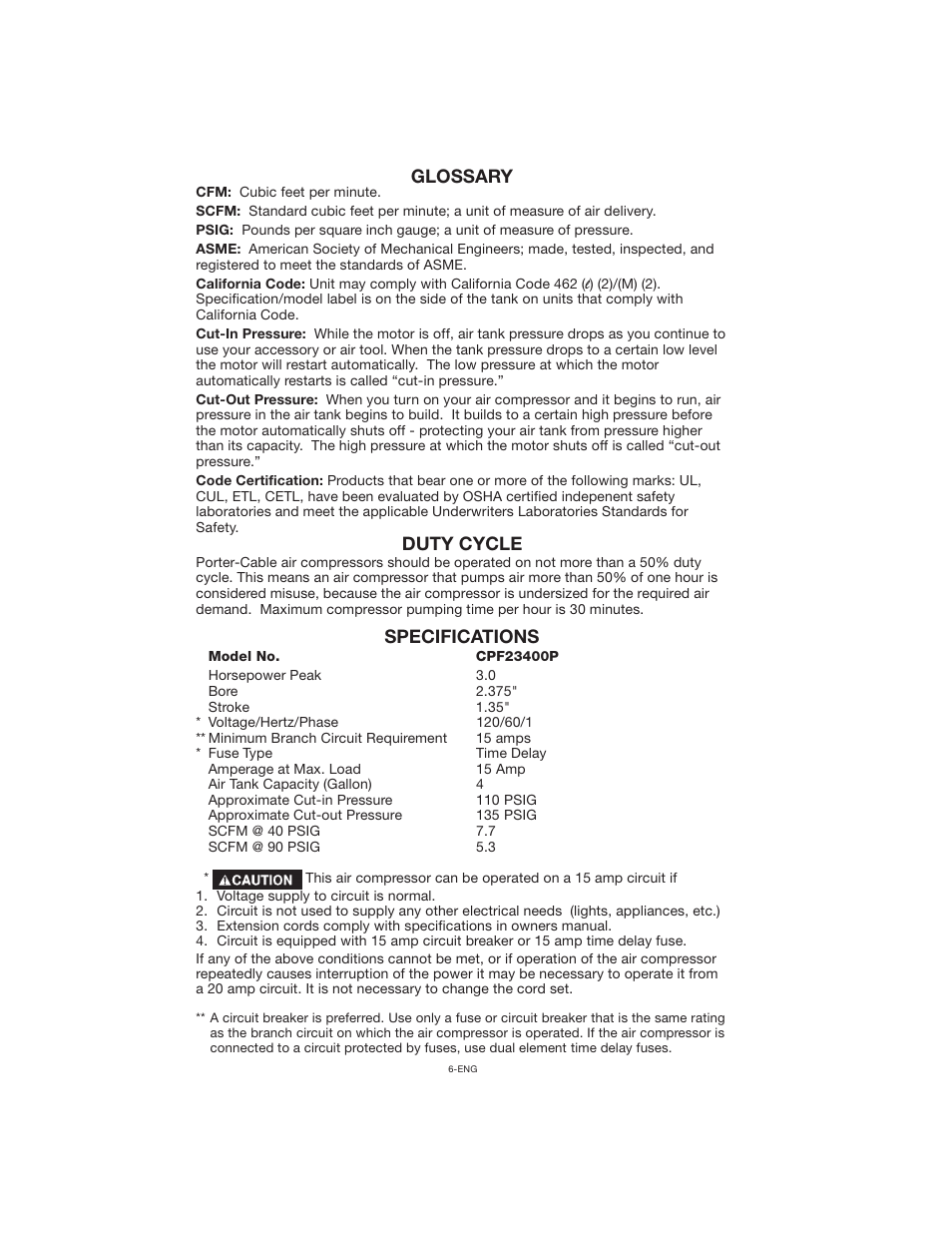 Glossary duty cycle specifications | Porter-Cable CPF23400P User Manual | Page 6 / 18
