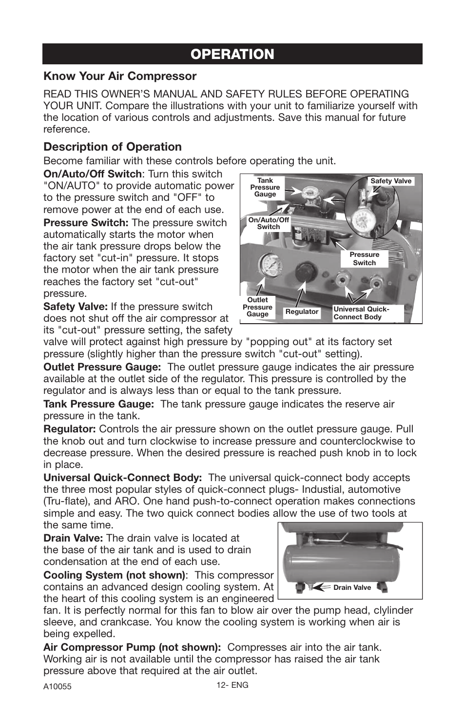 Operation, Know your air compressor, Description of operation | Porter-Cable CLFRP350 User Manual | Page 12 / 24