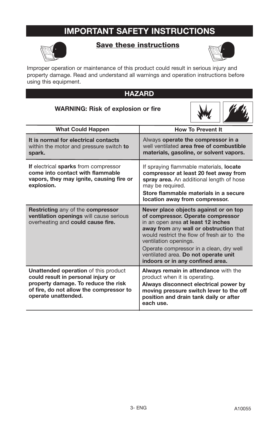 Important safety instructions, Save these instructions, Hazard | Porter-Cable CLFRP350 User Manual | Page 3 / 24