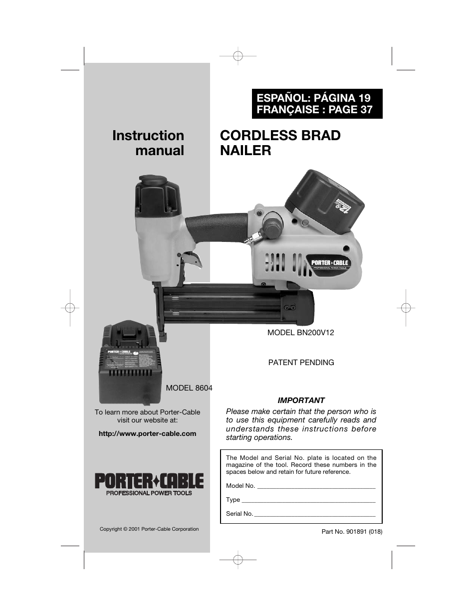 Porter-Cable BN200V12 User Manual | 19 pages